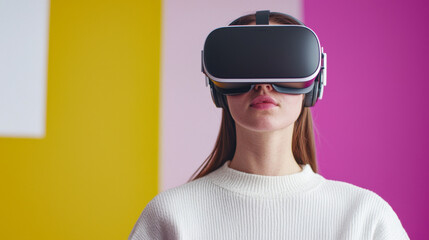 Immersed in virtual world, woman wears VR headset, showcasing fusion of technology and human experience. vibrant background enhances futuristic vibe