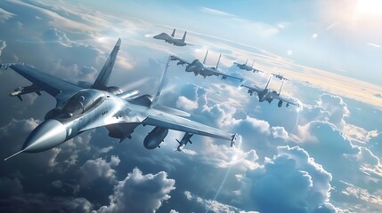 Group of fighter jets flying in formation through clear blue sky with white clouds for aerial precision military power speed and advanced aviation technology concept