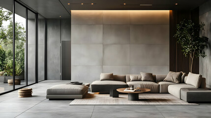 Modern Living Room Interior Design with Large Windows and Grey Walls - 3D Illustration