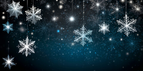 Magical white snowflakes over glitter dark background