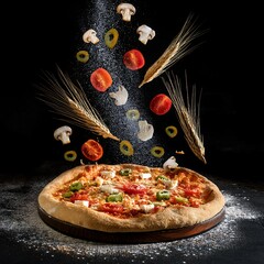 Artistic Pizza Creation with Floating Ingredients