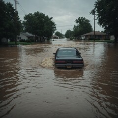 City streets turned into channels after torrential rainfall with vehicles and properties submerged