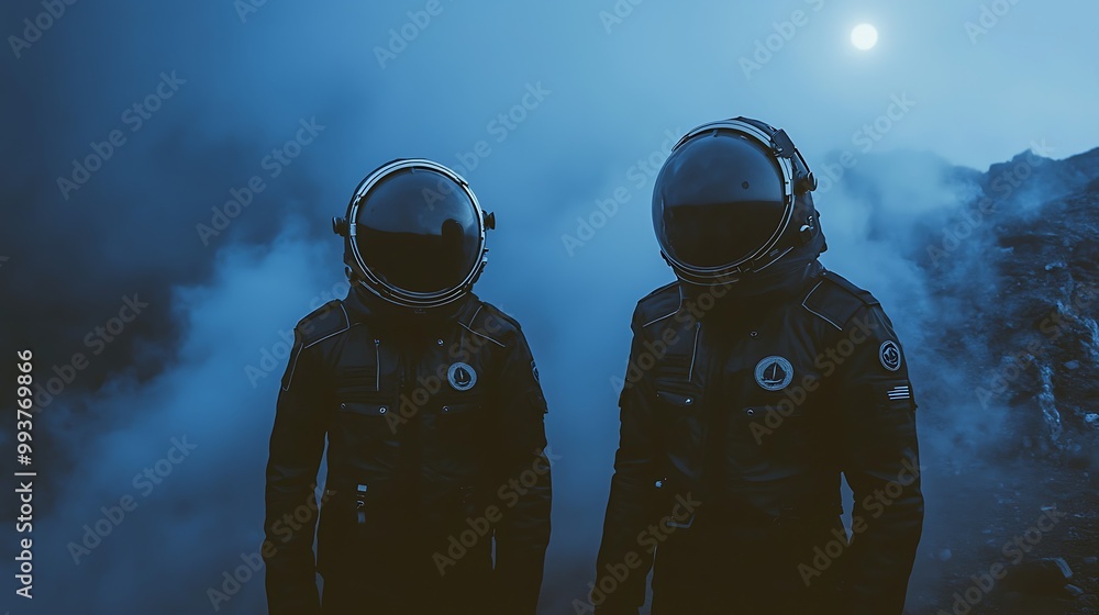 Poster two astronauts in space suits stand against a foggy backdrop illuminated by a distant moon.