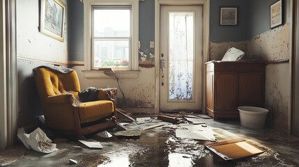 Interior Damage After Flood in Montreal Home Under Construction. AI generated illustration