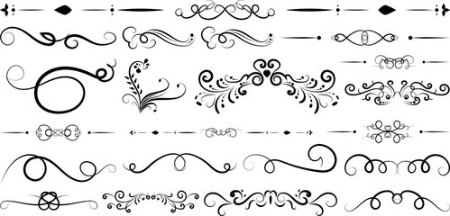 Obraz premium Elegant set of decorative flourishes, swirls, and ornate divider elements in vector format, perfect for invitations, wedding designs, certificates, branding, and vintage-inspired layouts.