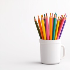 Colorful pencils arranged in white mug on a clean white background.