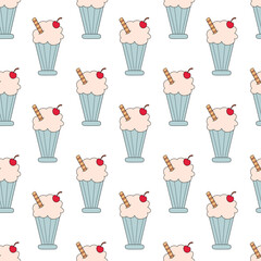 Seamless Pattern. Milkshake in glass with cherry and waffle tube. Vector flat illustration.