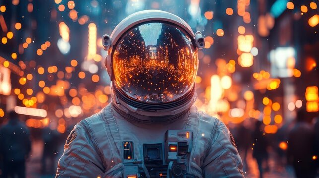 futuristic astronaut exploring a vibrant cyberpunk city neon lights reflecting on their space suit the bustling cityscape is illuminated with dynamic colors creating an exhilarating atmosphere