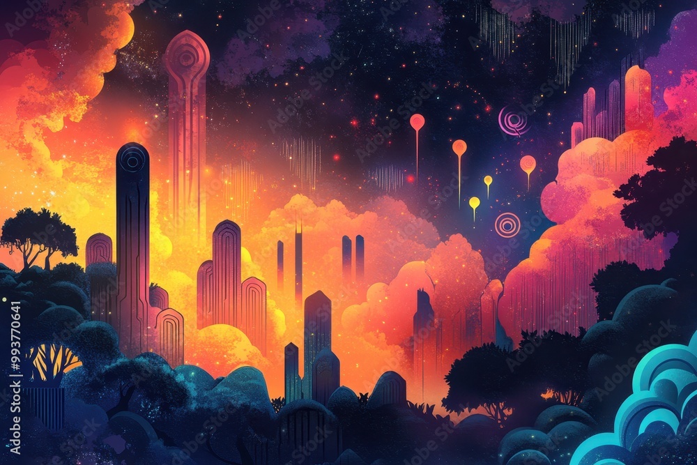 Canvas Prints futuristic cityscape with abstract clouds and lights