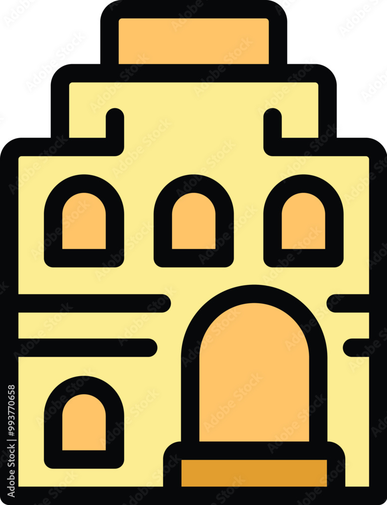 Poster simple yellow building with arched entrance and four small windows symbolizing an apartment building