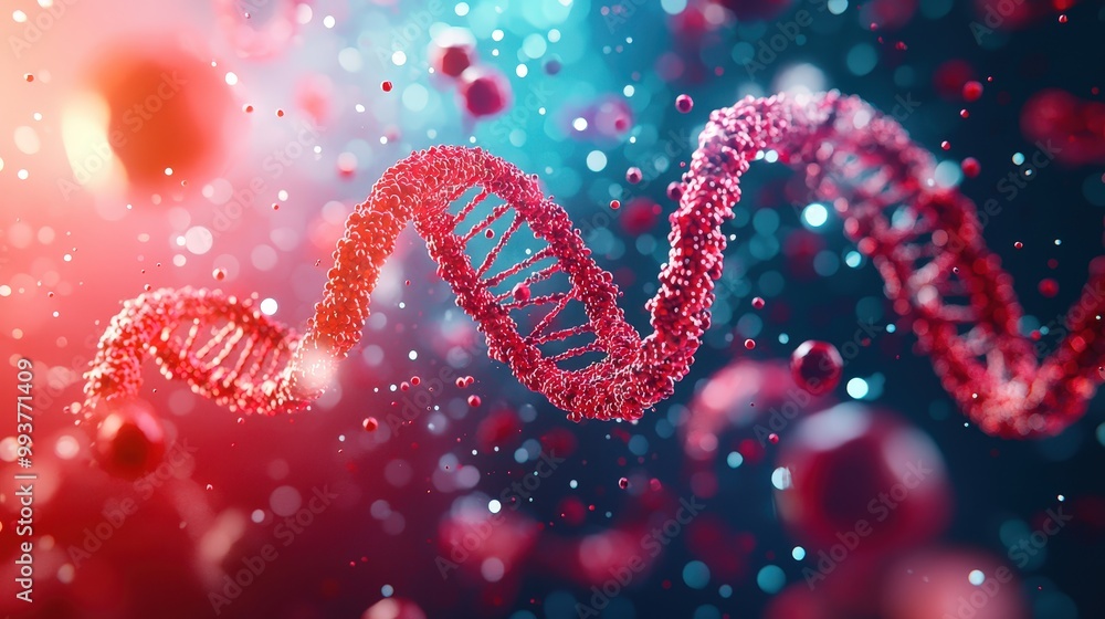 Poster vibrant abstract illustration of a dna strand surrounded by colorful particles, representing the com