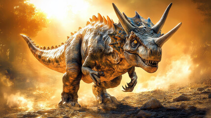 A majestic dinosaur resembling the original, walking through a rocky landscape, dust swirling...