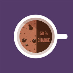 50 charge with coffee. Coffee cup charging concept. Coffee day art isolated violet background. Vector illustration for business. EPS 10