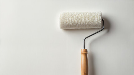 Obraz premium Paintbrush with a Roll of White Wallpaper on a Wall.