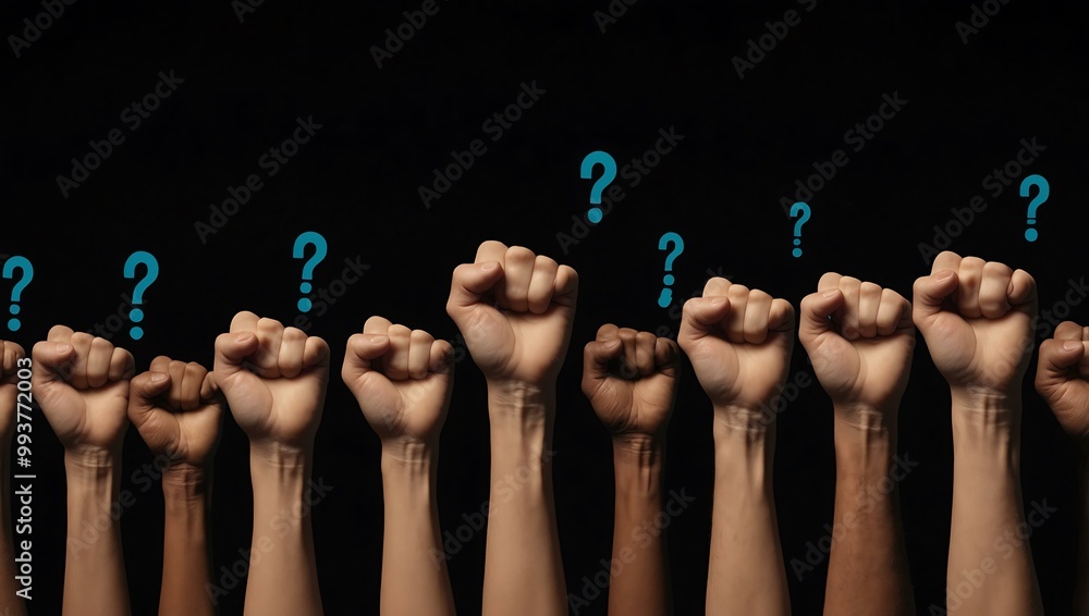Poster animation of question marks above raised fists on a black background.