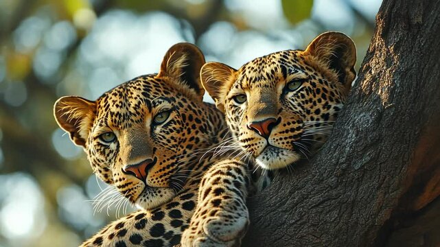 Two leopards rest in a tree in the African savanna