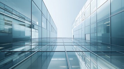 Low angle view of a modern glass building with a clear blue sky in the background.