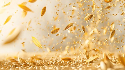 Golden oat grains falling and scattered on a surface.