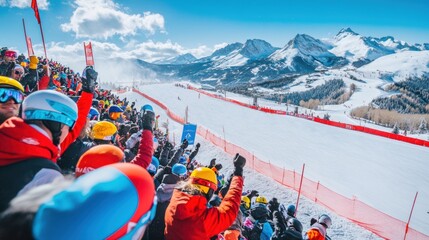 Skiers racing down the slopes, fans line course, cheering them on against snowy mountains in the background.