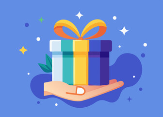 Gift reward program, bonus or surprise present for customer, employee reward or lucky prize, birthday gift box or festive incentive, special loyalty program concept, hand giving gift box with ribbon.