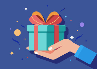 Gift reward program, bonus or surprise present for customer, employee reward or lucky prize, birthday gift box or festive incentive, special loyalty program concept, hand giving gift box with ribbon.