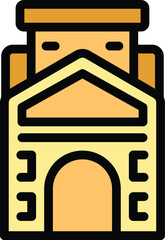Yellow building with arch entrance and small windows icon illustration