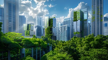Obraz premium Stunning view of a modern city with lush greenery, showcasing a blend of urban development and nature.