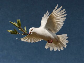 Another image of a white dove with an olive branch in flight.