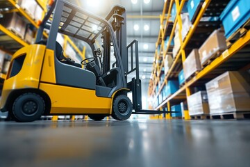 Yellow forklift truck moving goods in distribution warehouse