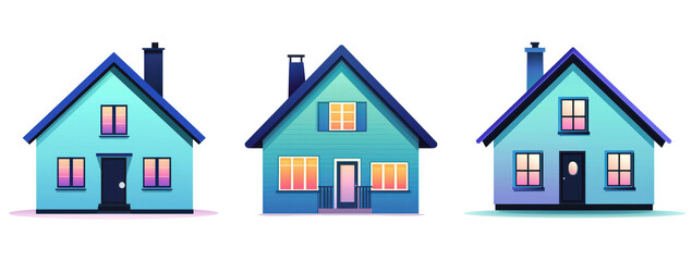 Three colorful houses showcasing unique designs and architecture, perfect for illustrating home concepts and community themes, transparent background.
