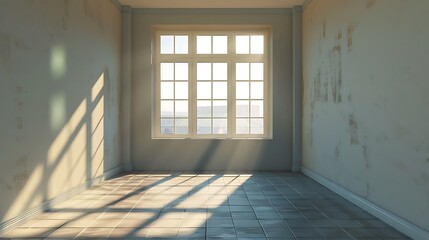 Obraz premium White window with shadow on the wall and wooden floor in the room