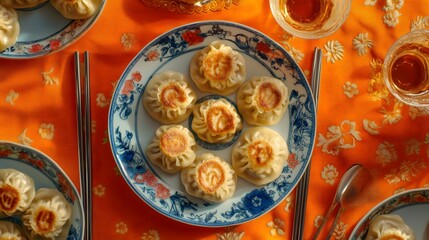 A top-down view of deep-fried dumplings on plates