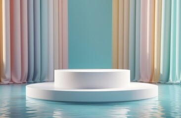 3d render abstract platform podium on water and waving curtains. Realistic pastel mock-up for products promotion. Abstract modern minimal background with emty podium.