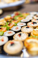 A vibrant assortment of sushi rolls and appetizers elegantly arranged for a festive dining occasion