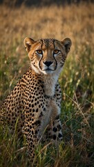 Another slim cheetah resting in tall grass.