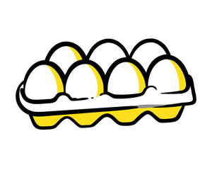 Hand drawn egg carton doodle line icon. Half dozen eggs container. Simple cartoon drawing, vector clip art illustration.
