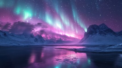 Naklejka premium Vibrant auroras casting light over animated desktop wallpaper picture