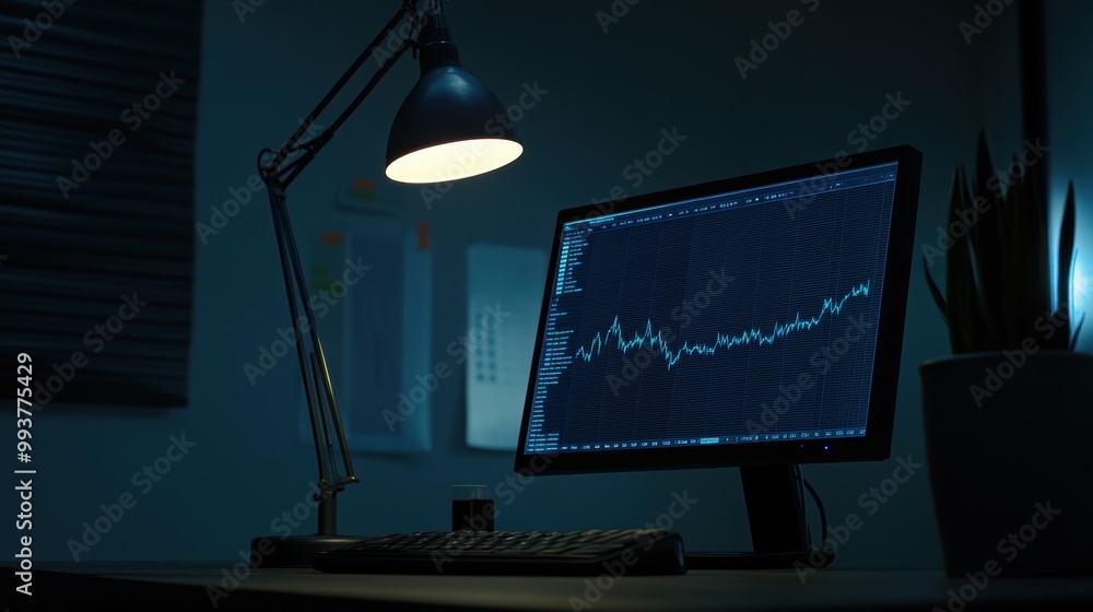 Poster computer monitor showing stock market data with graph at night in office
