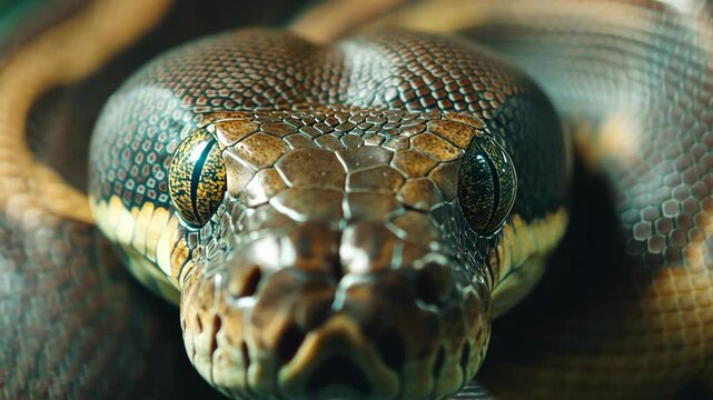 A close-up of a python's head, showing its intricate scales and piercing gaze