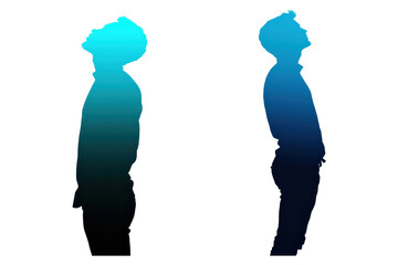 Silhouettes of a person gazing upward, showcasing a gradient of blue hues, symbolizing contemplation and introspection, transparent background.