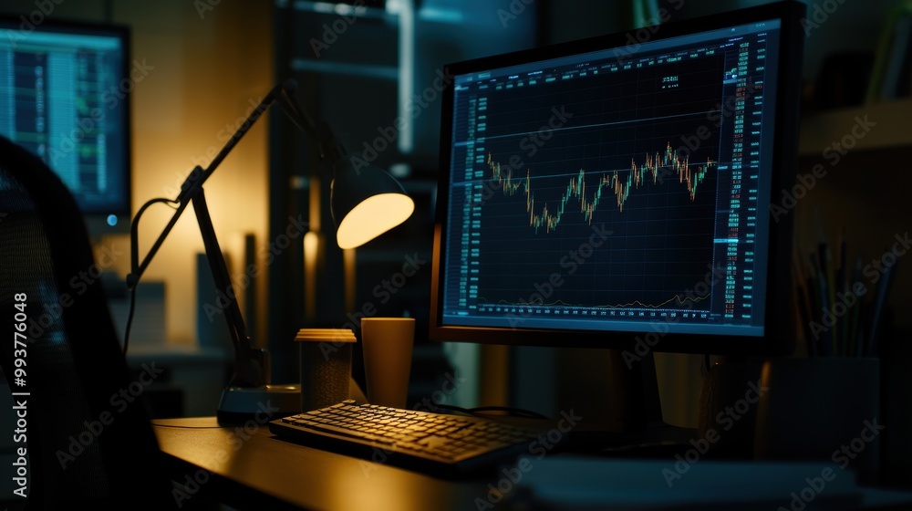 Poster modern computer showing stock market data with charts at night