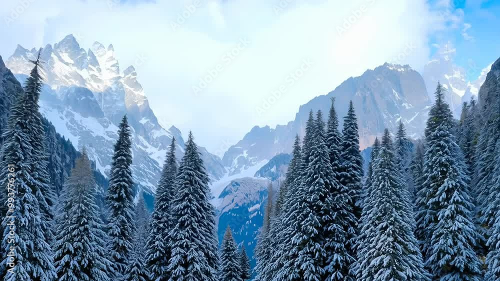 Poster snow-covered pine trees with towering mountains in the background under a bright sky, creating a ser