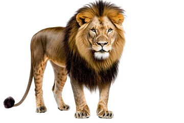 Majestic lion standing proudly, showcasing its impressive mane and fierce expression in a natural habitat setting, transparent background.