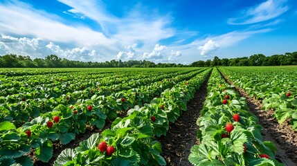 Expansive 5 acre strawberry farm with neat rows of vibrant green plants dotted with ripe red strawberries stretching out under a bright blue sky and surrounded by the lush countryside