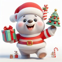 3d Cartoon Happy christmas bear hyper-realistic, isolated on a white background