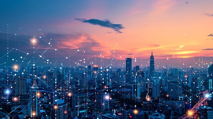 Panoramic view of modern city at sunset with network of connected lines and dots overlay for digital connections and technological advancement innovation concept.
