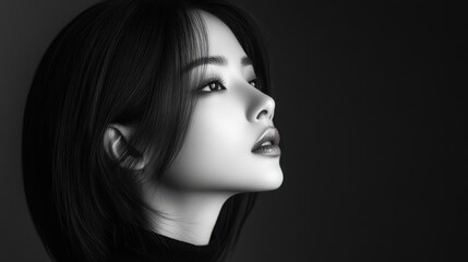 Fototapeta premium Woman with Sleek Jet-Black Hair Elegantly Flowing Over Shoulders