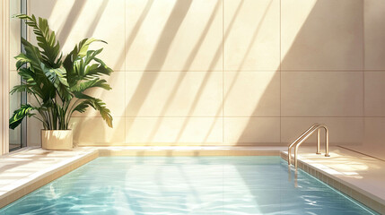 Illustration of a swimming pool against a light beige wall and sun reflection