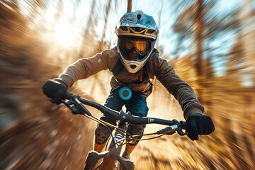 Cyclist riding downhill on mountain bike wearing helmet and goggles