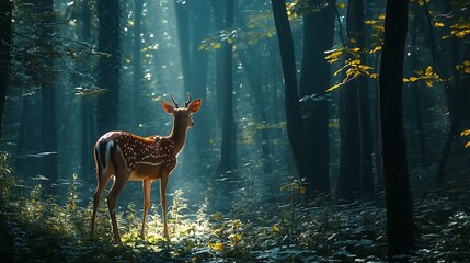 Fototapeta premium A young deer stands in a misty forest, sunlight filtering through the trees.
